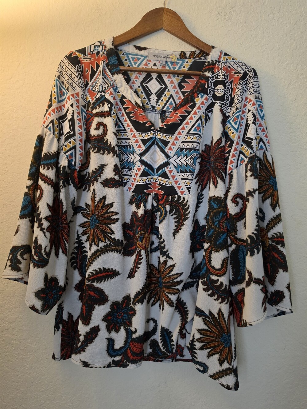 Figueroa & Flower Tunic Womens Large Cream Multicolor Aztec Southwestern Boho